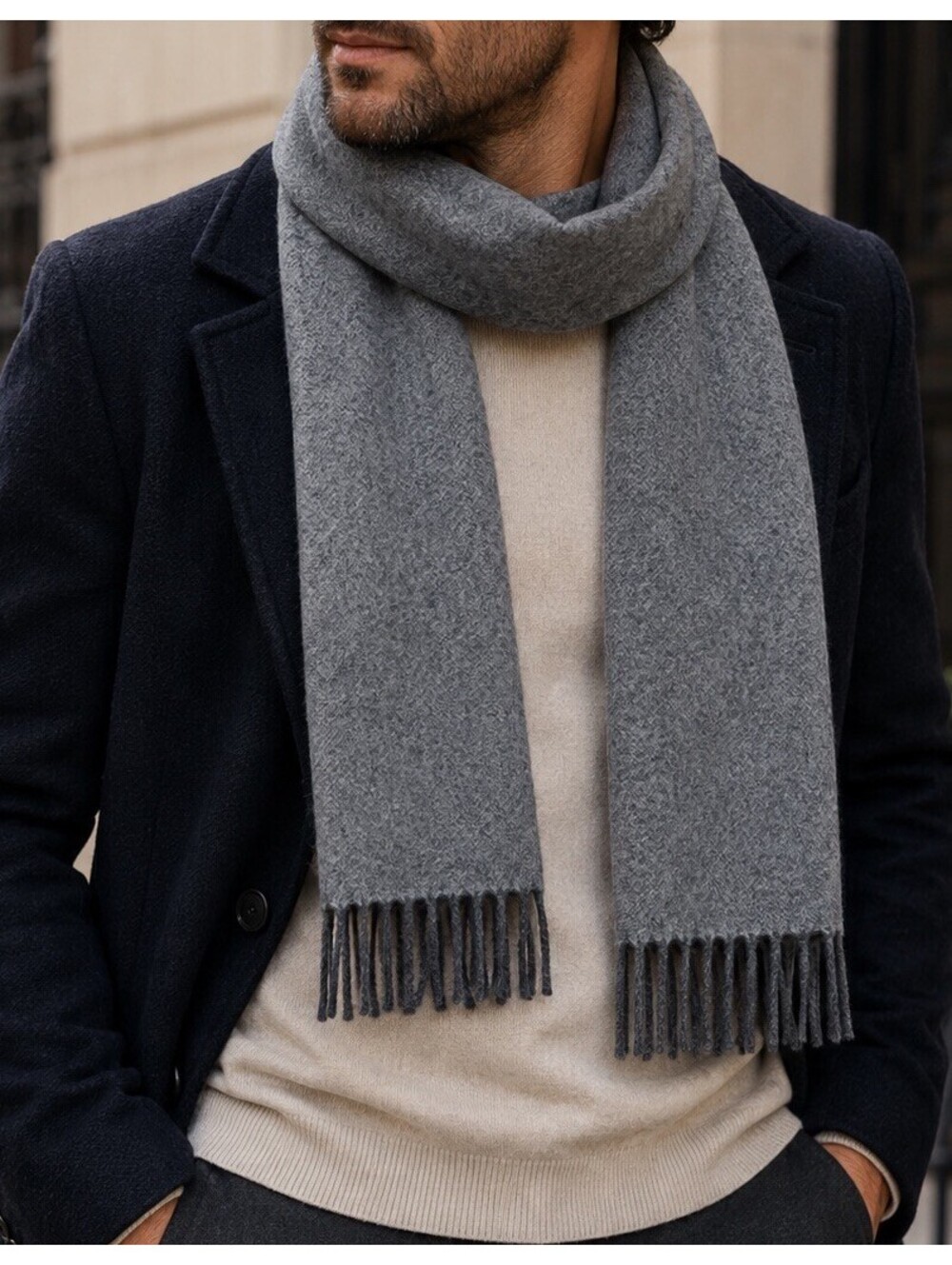 Italy Cashmere Blend Scarf Gray 80% Wool 20% Cashmere Fringe 62x11”